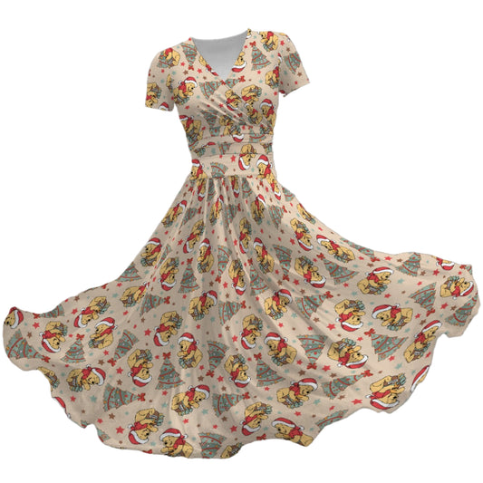 Cozy Bear Holiday Cheer - Women's V-Neck Ruched Midi Dress