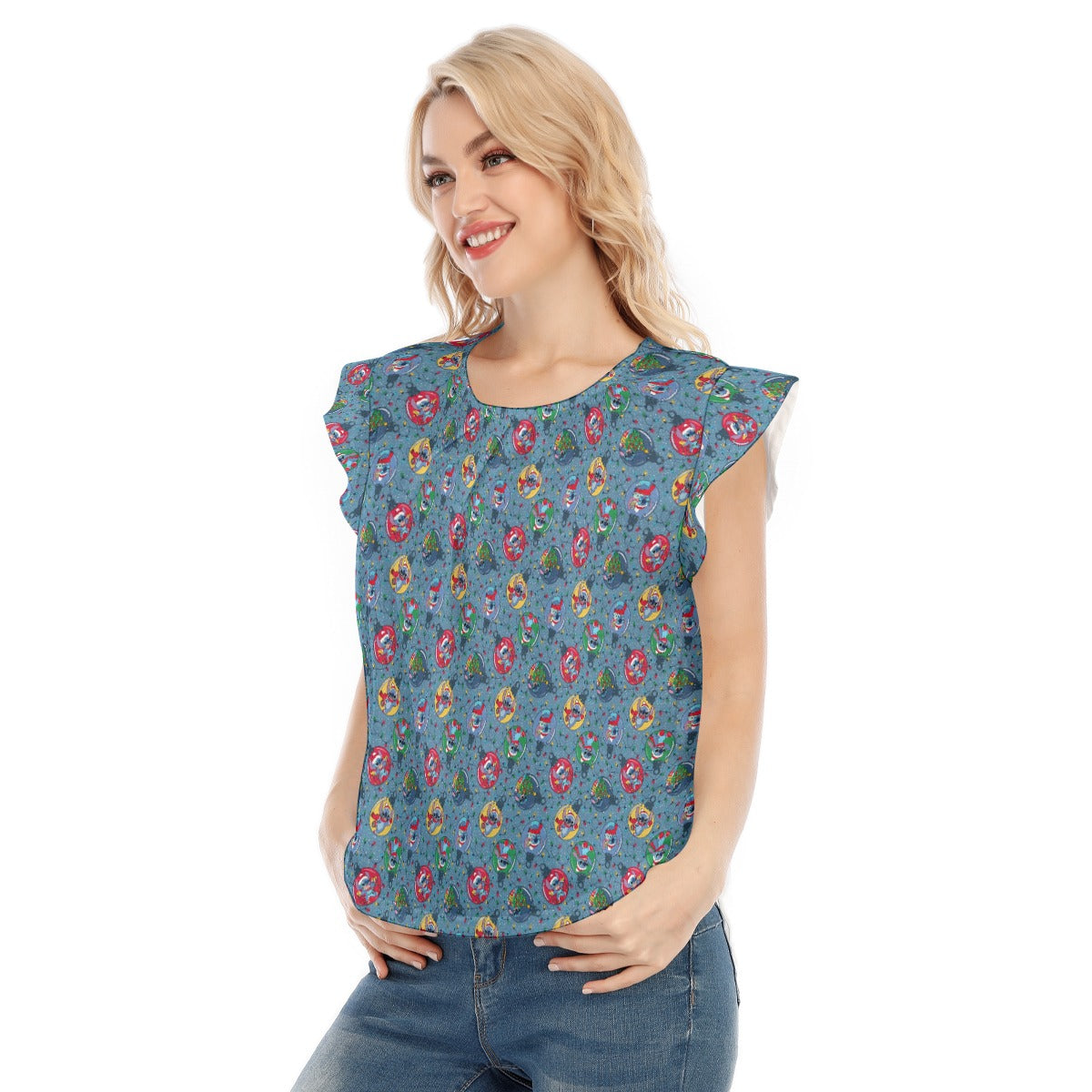 Holiday Baubles with Mischievous Blue Alien - Women’s Flutter Sleeve Top