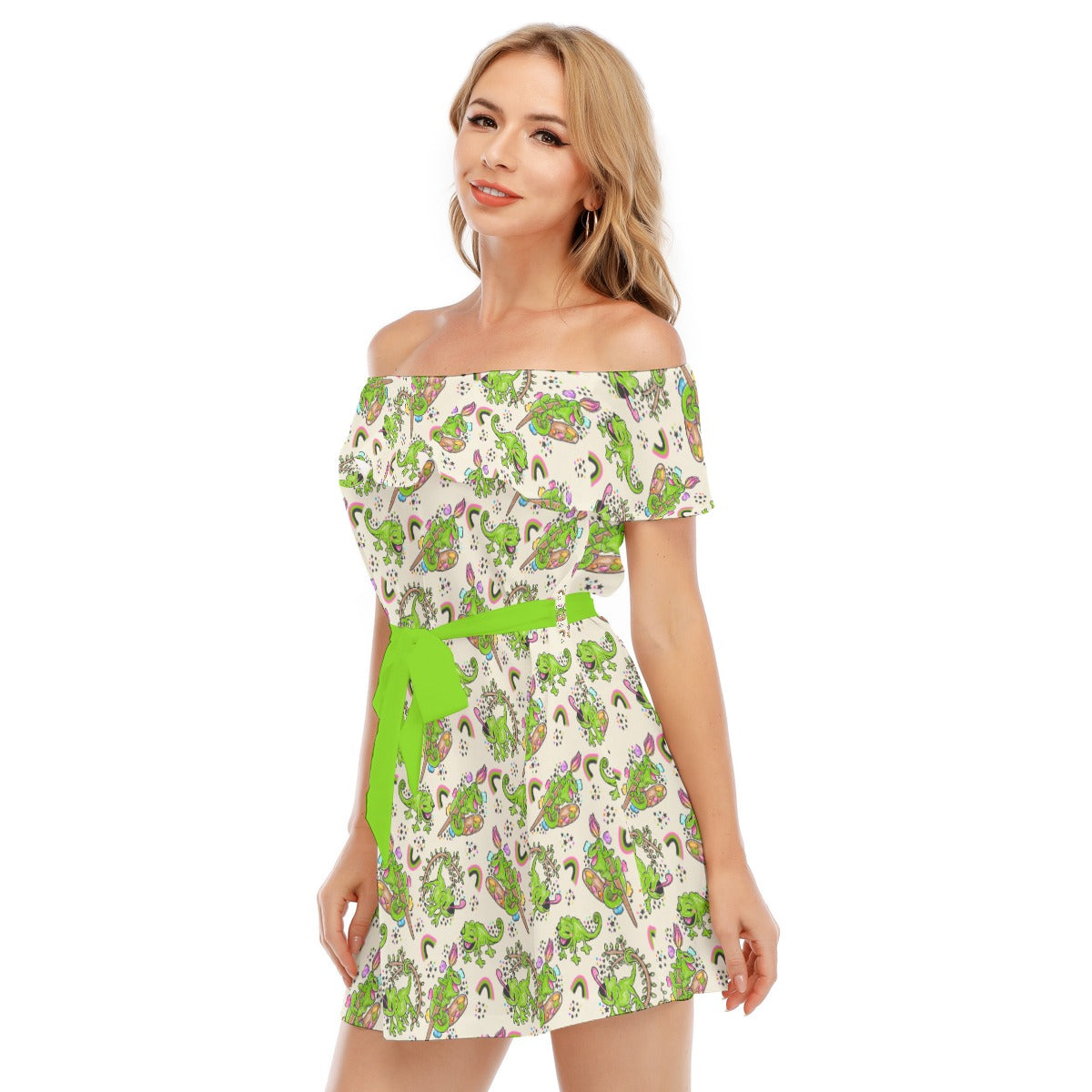 Colorful Chameleon Splash - Women's Off-shoulder Ruffle Dress