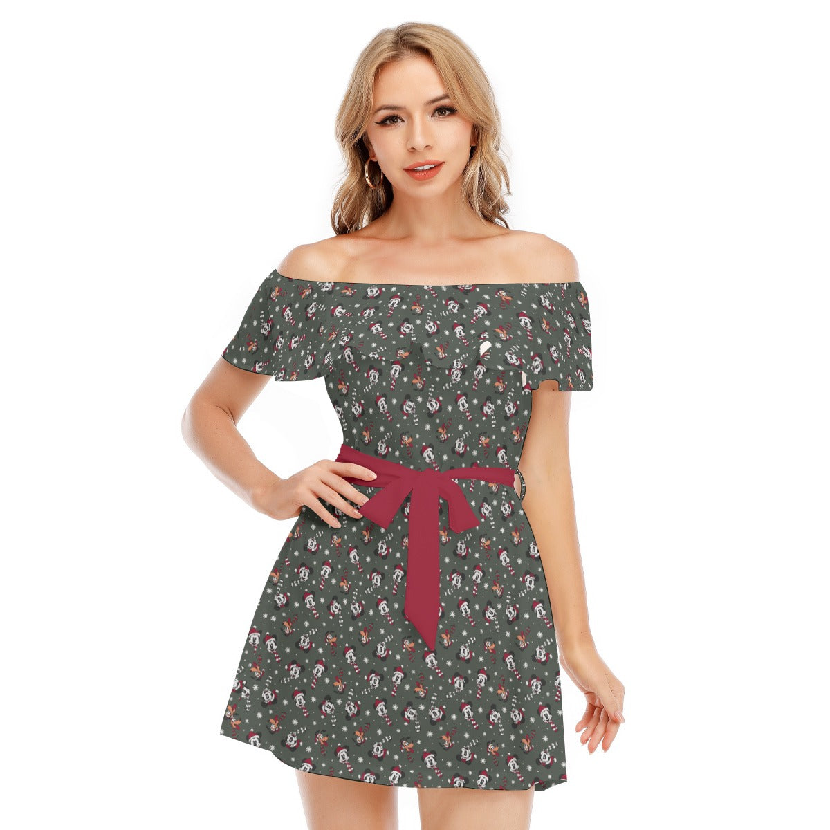 Vintage Holiday Friends - Women's Off-shoulder Ruffle Dress