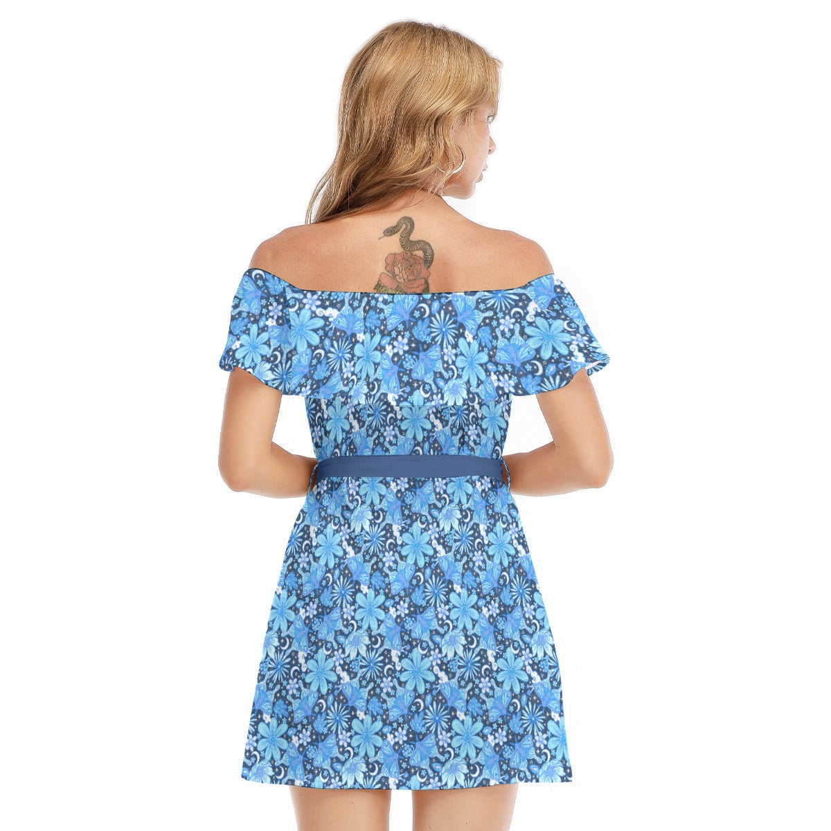 Blue Crystal Moths - Women's Off-shoulder Ruffle Dress