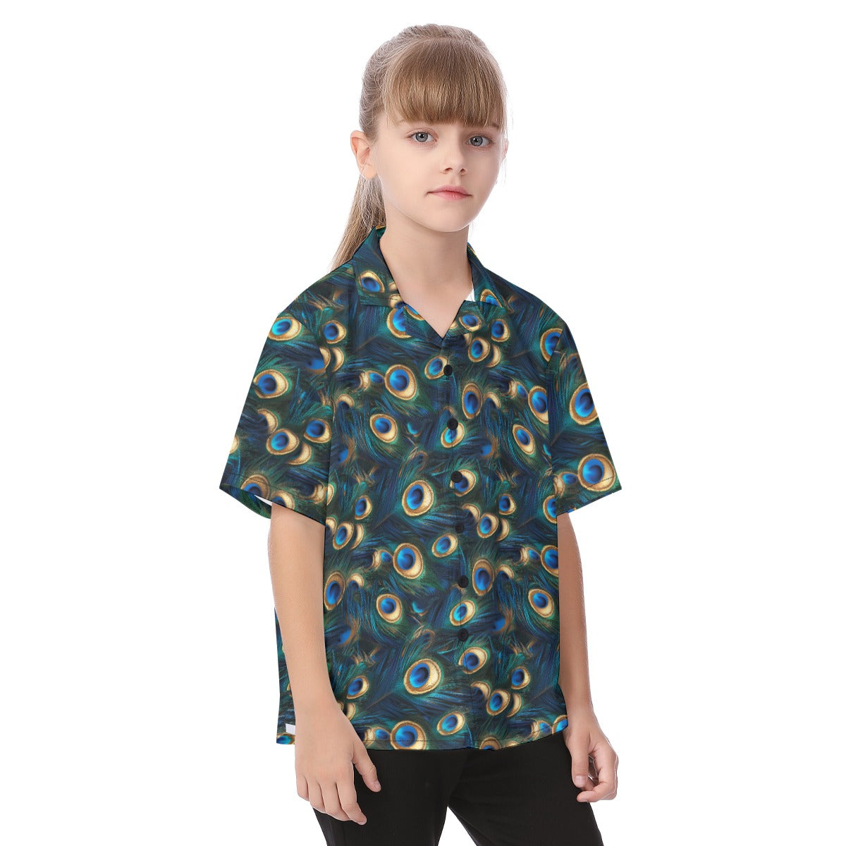 Animal Print - Peacock - Kid's Hawaiian Button Up Shirt