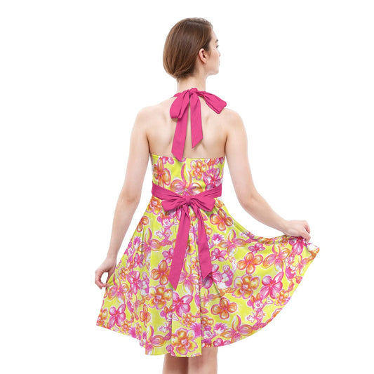 Neon Tropical Floral Friendsends - Women's Halter Vintage Pocket Dress