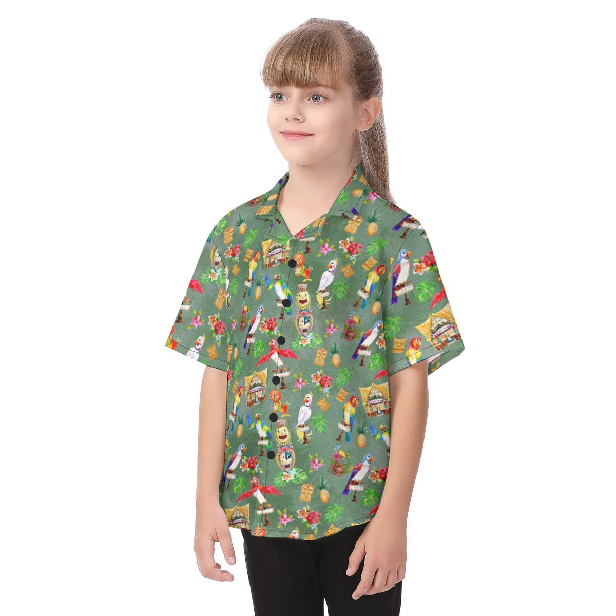 Orange Bird & Tiki Friends - Kid's Hawaiian Button Up Shirt