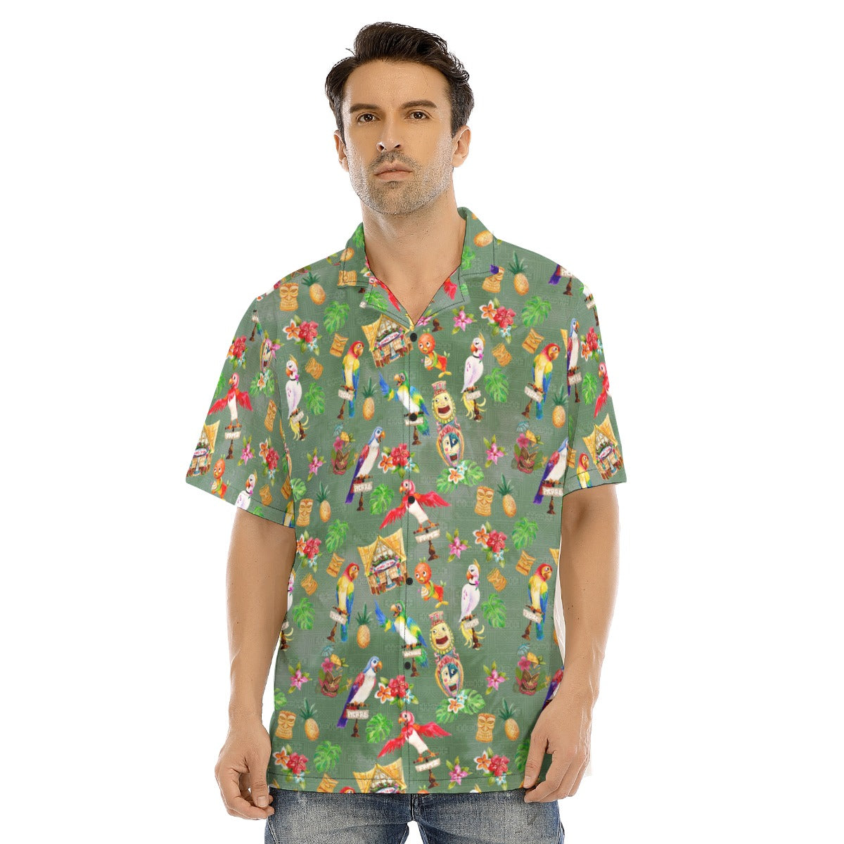 Orange Bird & Tiki Friends - Men's Hawaiian Button Up Shirt
