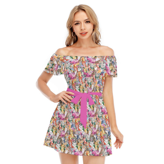 Whimsical Storybook Cats - Women's Off-shoulder Ruffle Dress