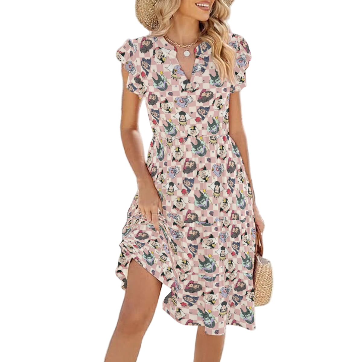 Pink Checkerboard Villains - Women's Tiered Pocket Midi Dress