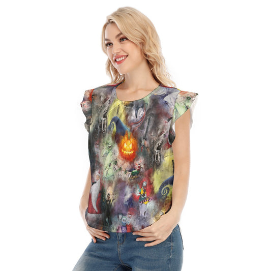 Watercolor Nightmare Town - Women’s Flutter Sleeve Top