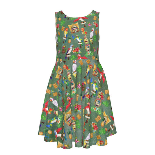 Orange Bird & Tiki Friends - Kid's Sleeveless Skater Dress