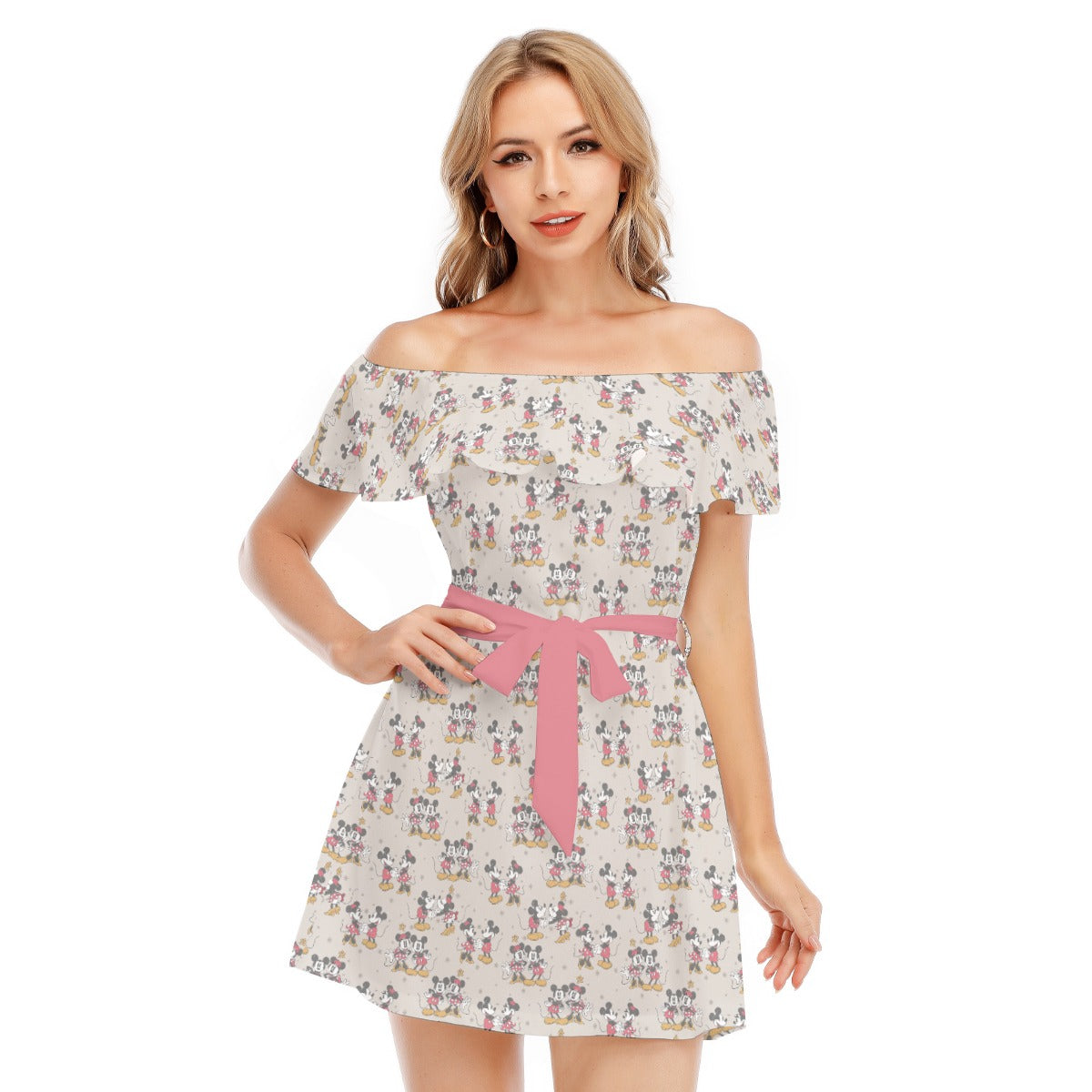 Retro Mouse & Partner - Women's Off-shoulder Ruffle Dress