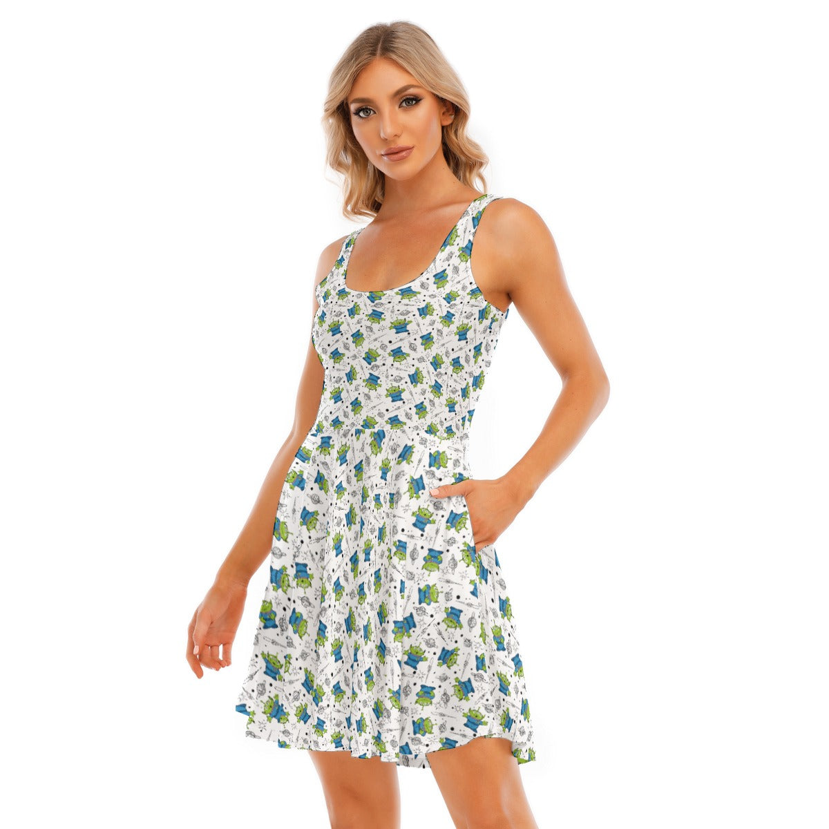 Playful Green Aliens on White - Women's Sleeveless Pocket Skater Dress