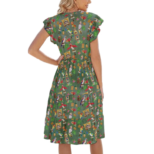Orange Bird & Tiki Friends - Women's Tiered Pocket Midi Dress