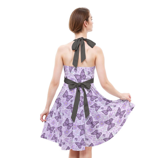 Lavender Butterflies - Women's Halter Vintage Pocket Dress