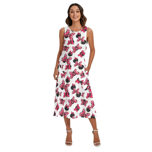 Polka Dot Bows & Mouse Ears - Women’s Diagonal Pocket Midi Dress