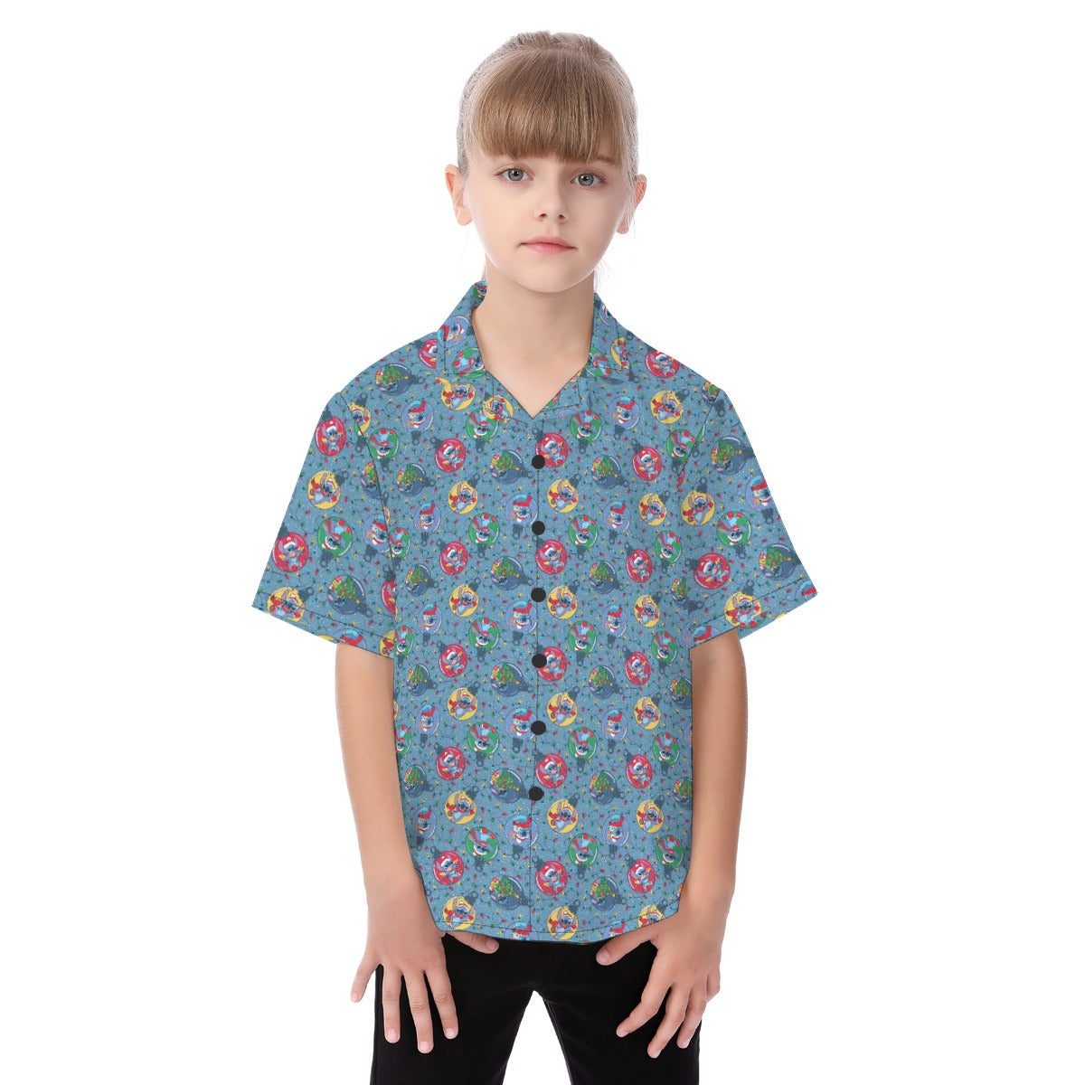 Holiday Baubles with Mischievous Blue Alien - Kid's Hawaiian Button Up Shirt