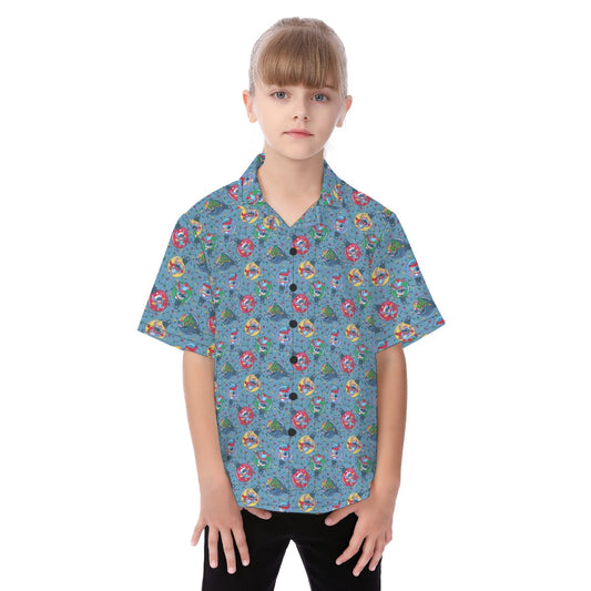 Holiday Baubles with Mischievous Blue Alien - Kid's Hawaiian Button Up Shirt