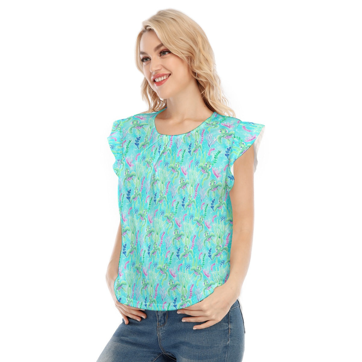 Neon Floral Baby Turtle - Women’s Flutter Sleeve Top
