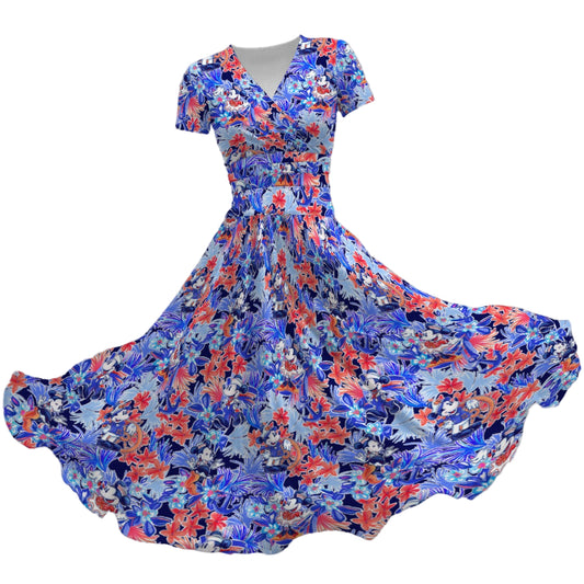 Navy Blooms Cruise - Women's V-Neck Ruched Midi Dress