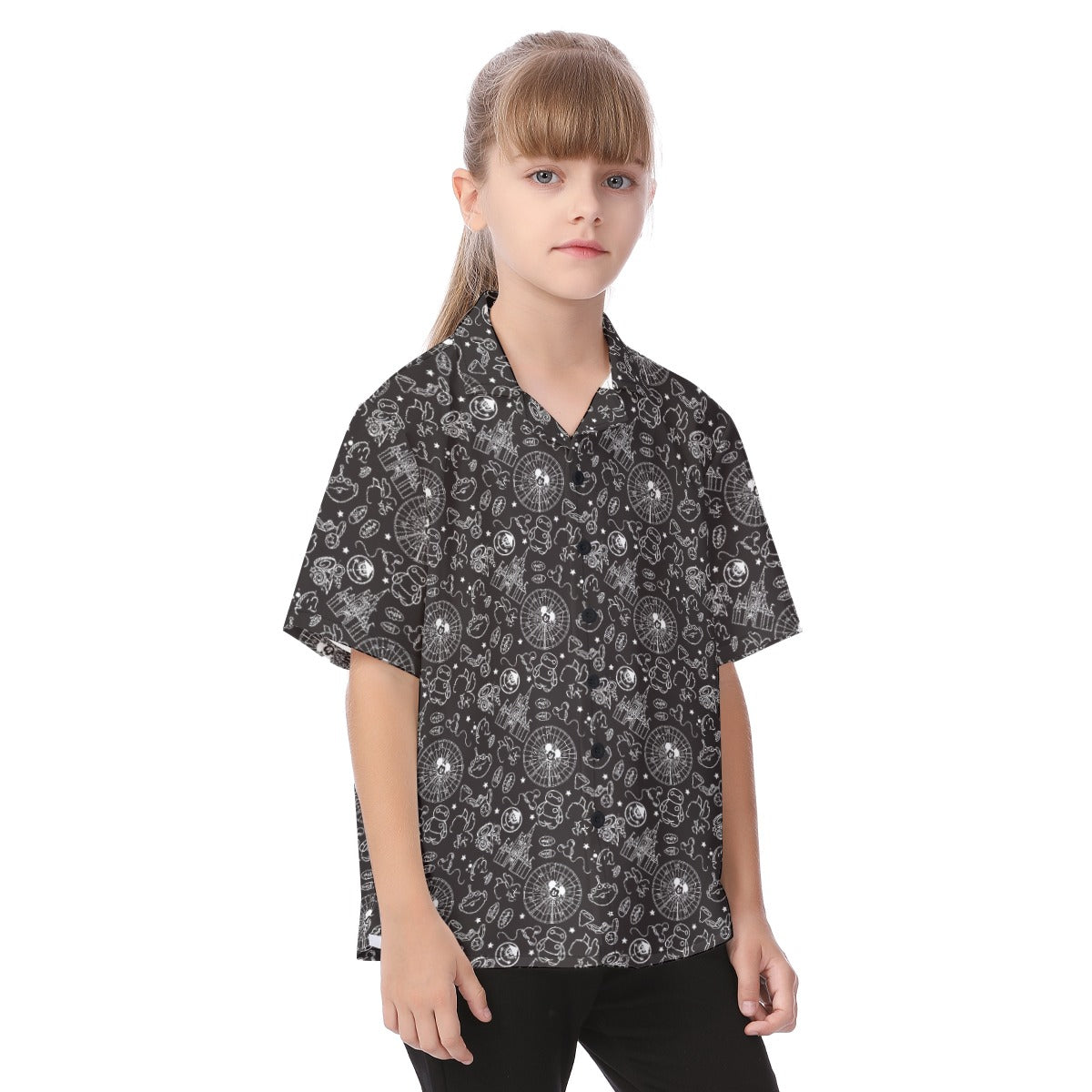 Monochrome Theme Park Icons - Kid's Hawaiian Button Up Shirt