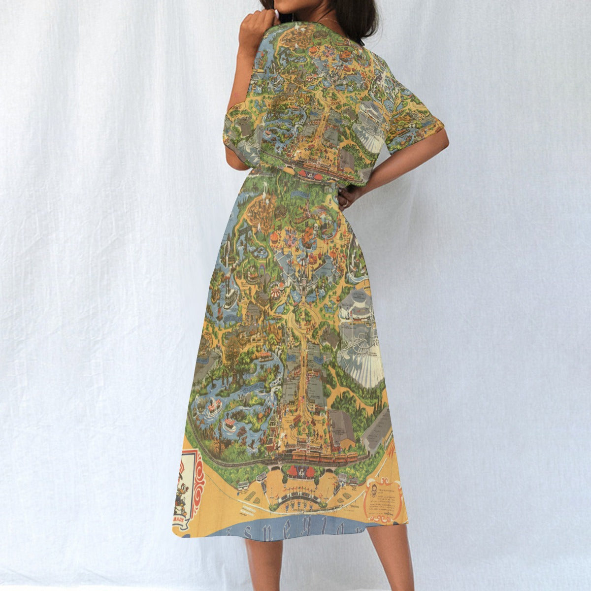 Vintage Theme Park Map - Women’s Elastic Waist Pocket Midi Dress
