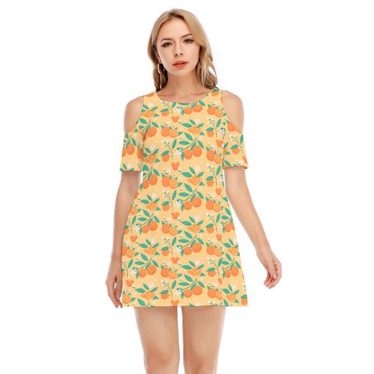 Hidden Citrus Delight - Women's Cold Shoulder Cotton Dress