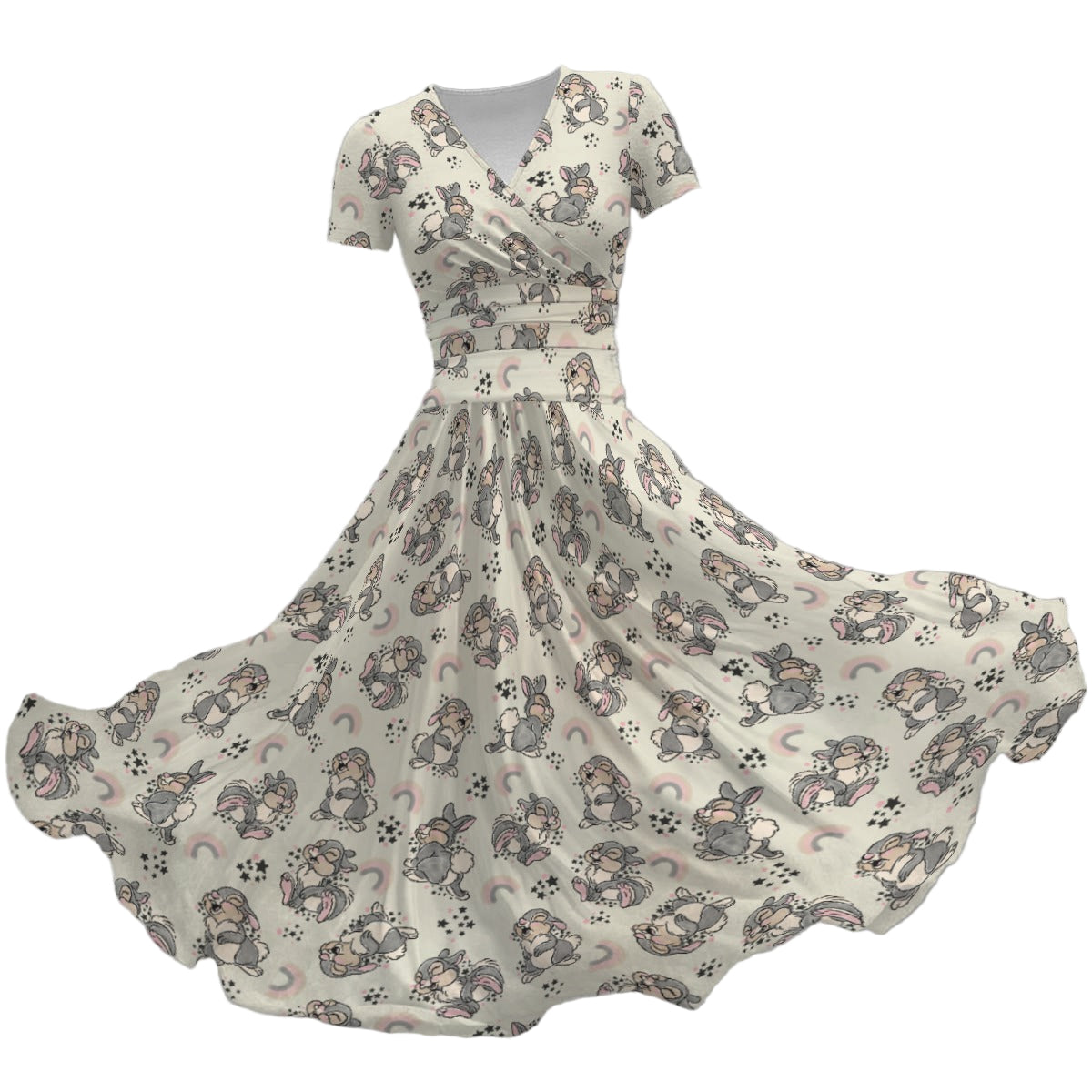 Bouncy Bunny Bliss - Women's V-Neck Ruched Midi Dress