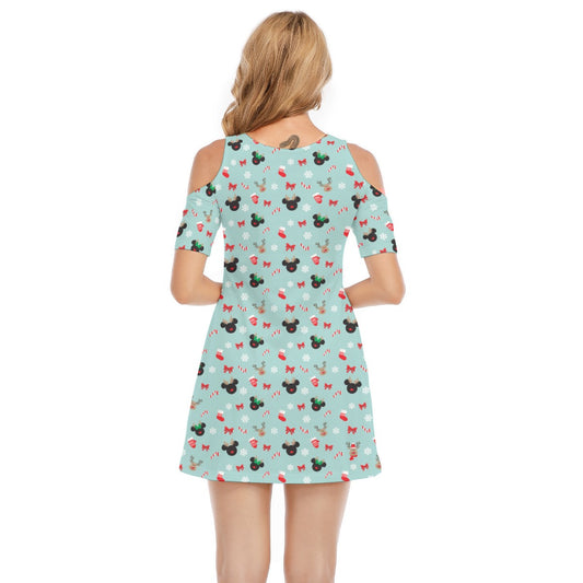 Festive Reindeer Mouse Holidayeers - Women's Cold Shoulder Cotton Dress