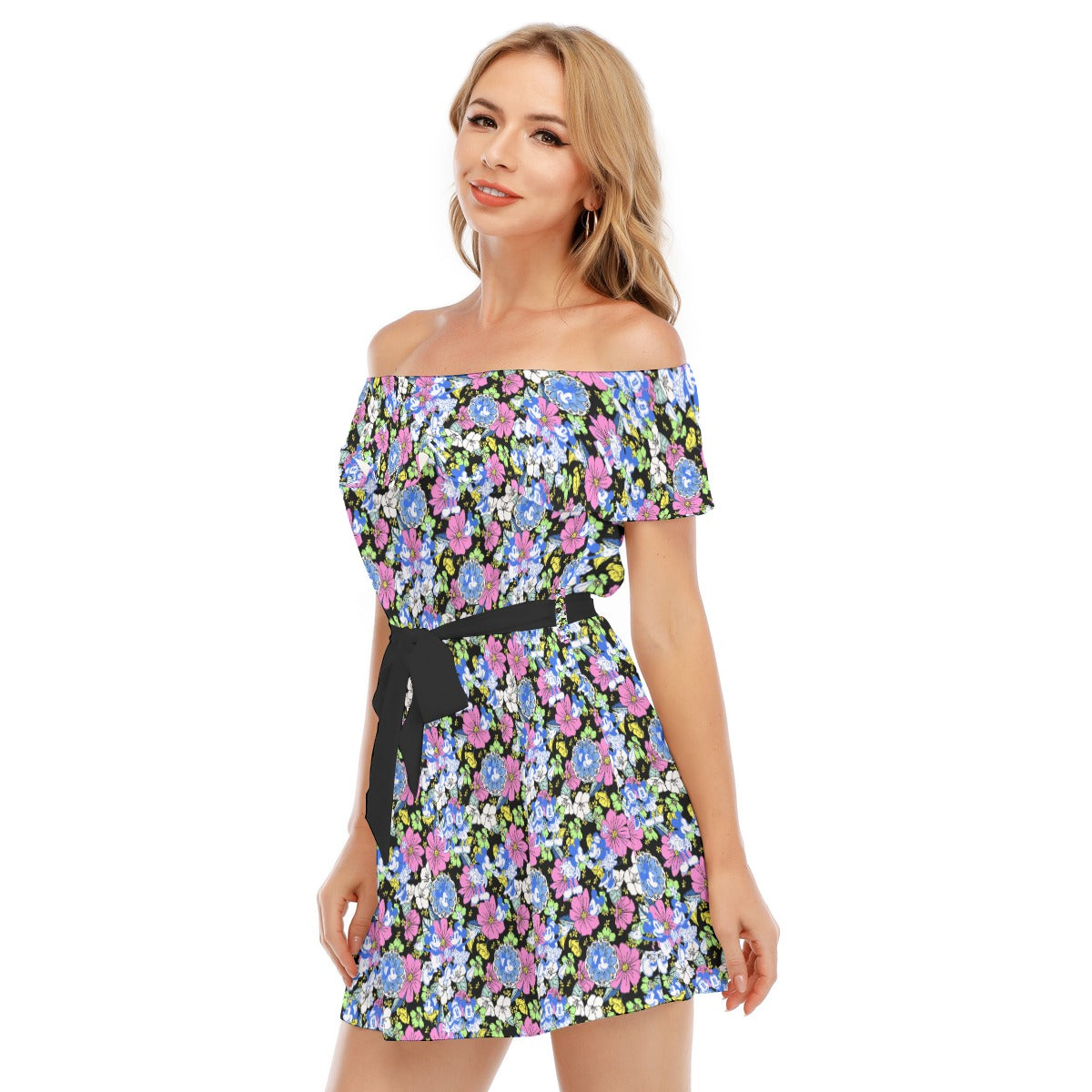 Garden Whimsy - Vintage Mouse Romance - Women's Off-shoulder Ruffle Dress