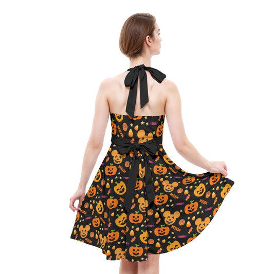 Cheerful Pumpkin Mouse Halloween - Women's Halter Vintage Pocket Dress