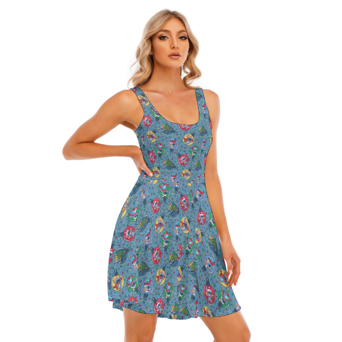 Holiday Baubles with Mischievous Blue Alien - Women's Sleeveless Pocket Skater Dress