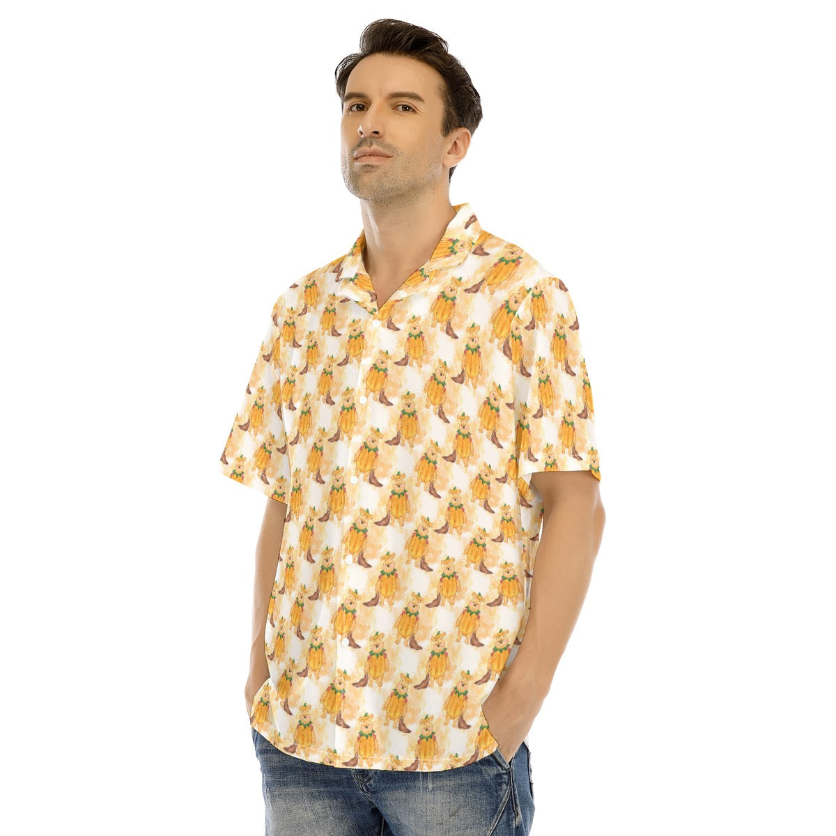Pumpkin Bear Mischief - Men's Hawaiian Button Up Shirt