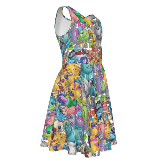 Monster Mayhem Sketched - Kid's Sleeveless Skater Dress