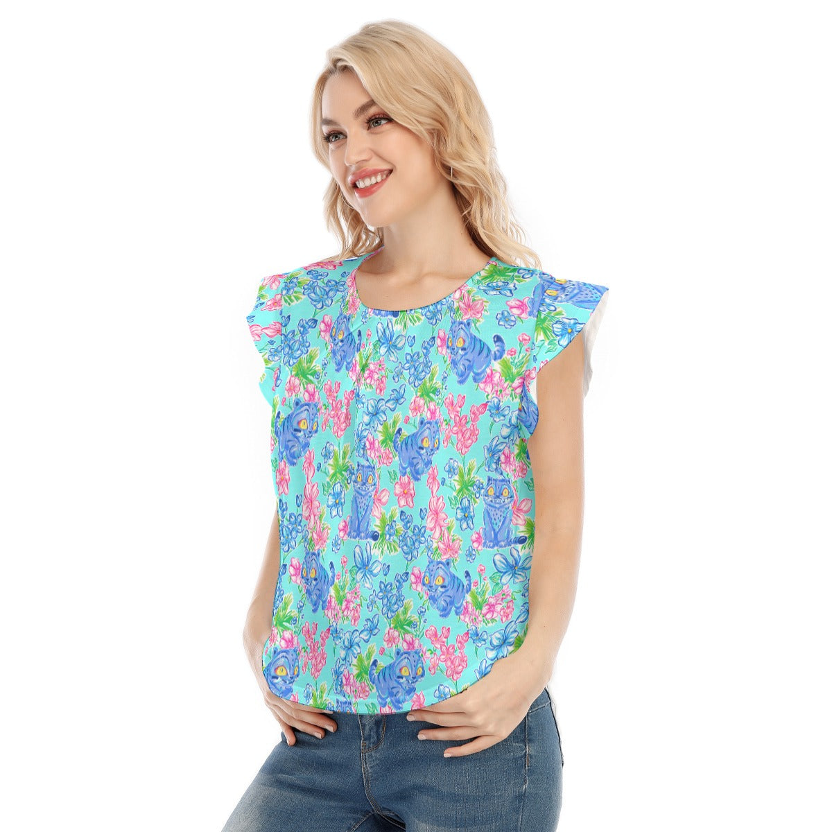 Derpy Tiger Blooms - Women’s Flutter Sleeve Top