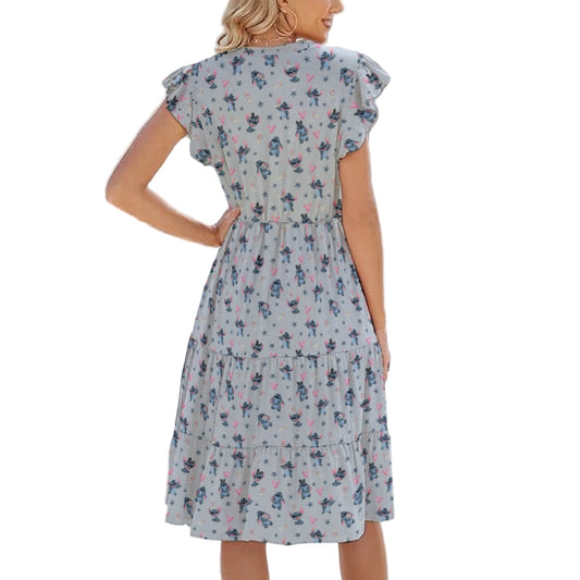 Happy Blue Alien - Women's Tiered Pocket Midi Dress