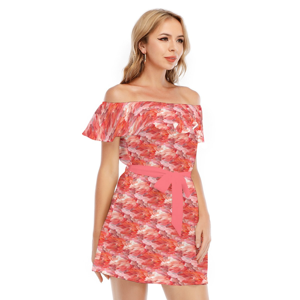 Animal Print - Flamingo - Women's Off-shoulder Ruffle Dress