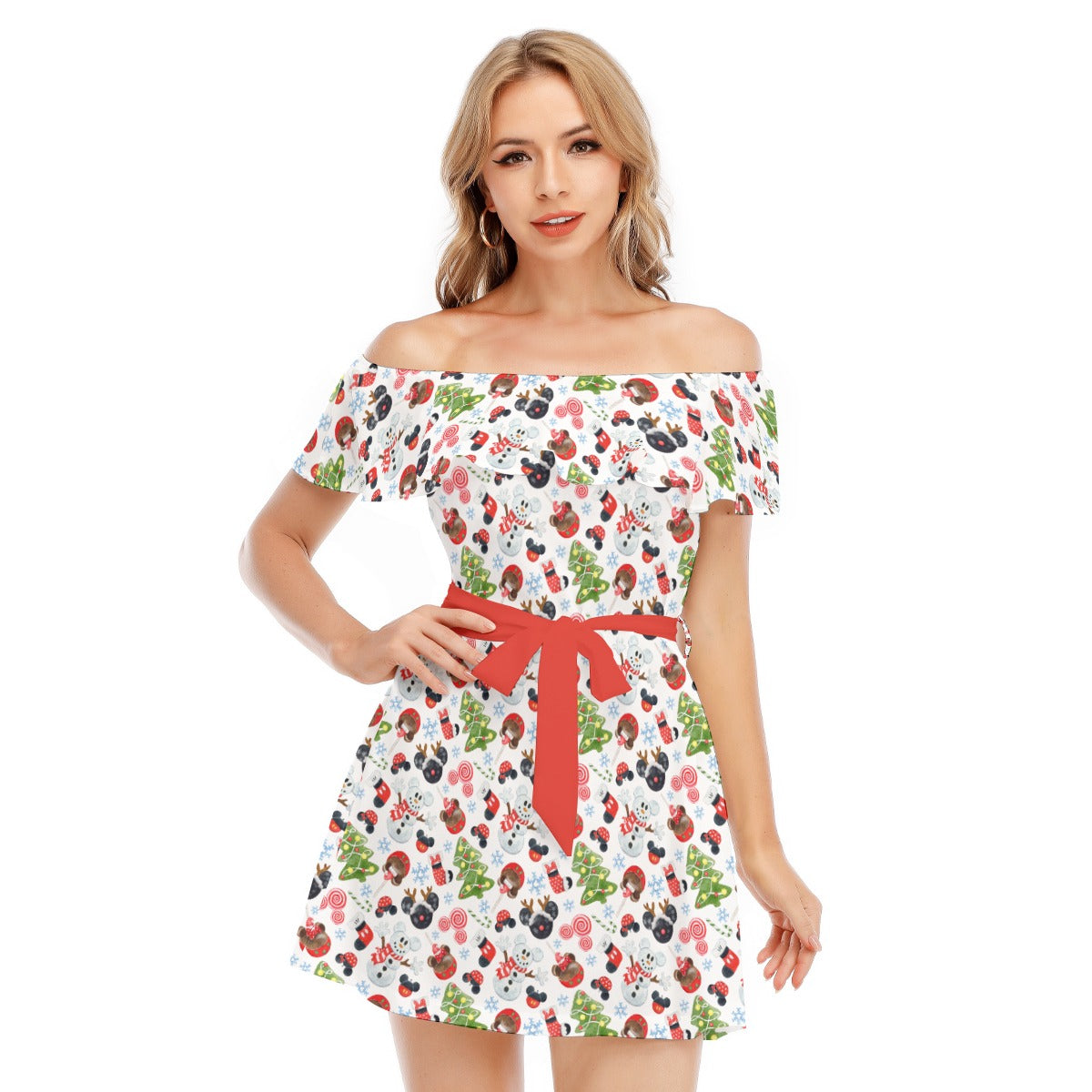 Mouse Magic Christmas - Women's Off-shoulder Ruffle Dress
