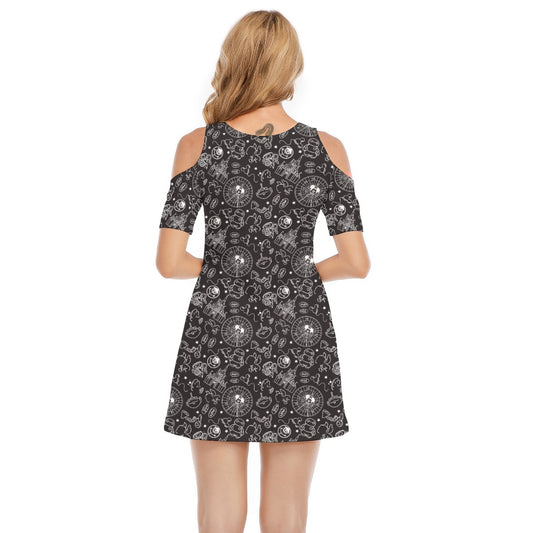 Monochrome Theme Park Icons - Women's Cold Shoulder Cotton Dress