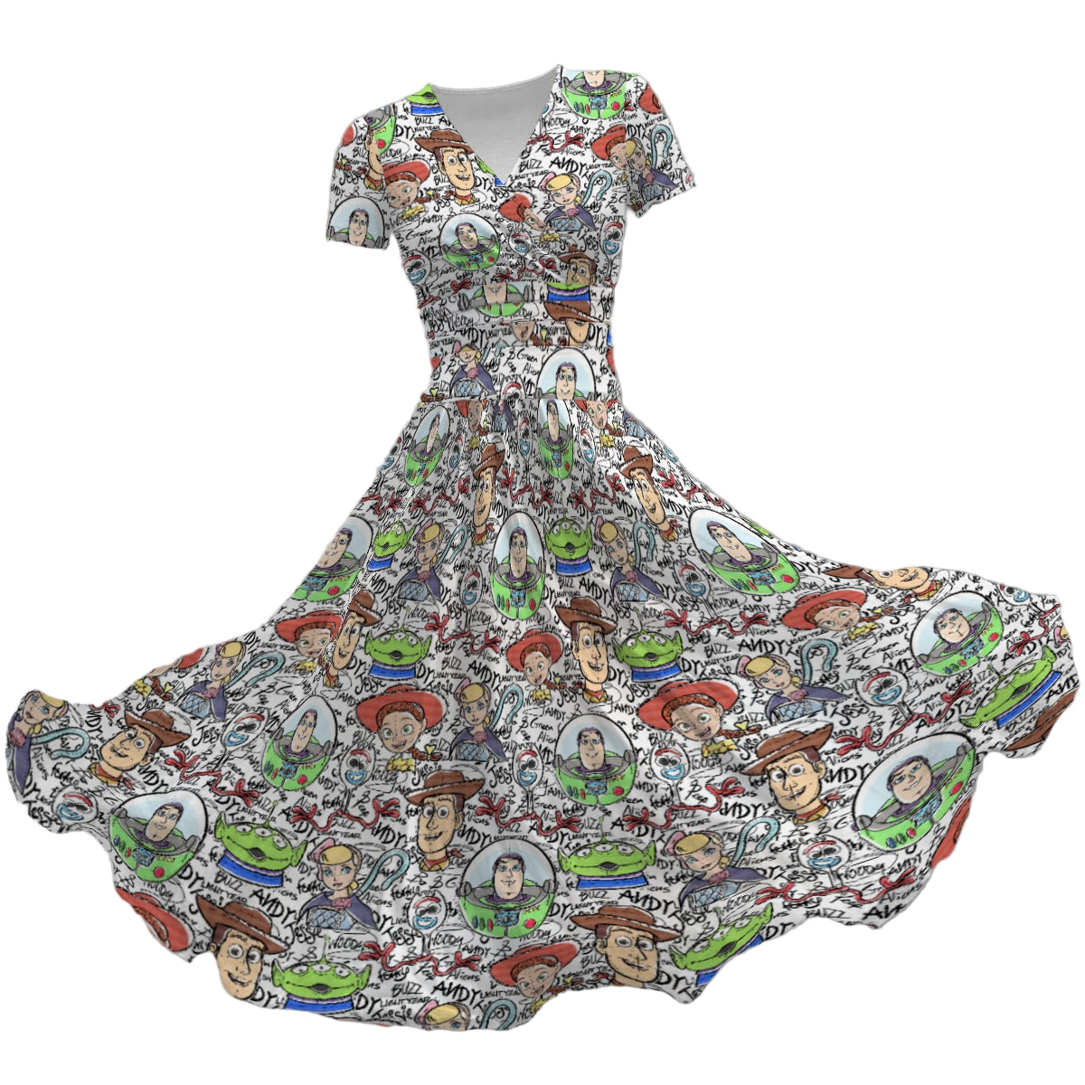 Sketch Autographs of Animated Toy Friends - Women's V-Neck Ruched Midi Dress