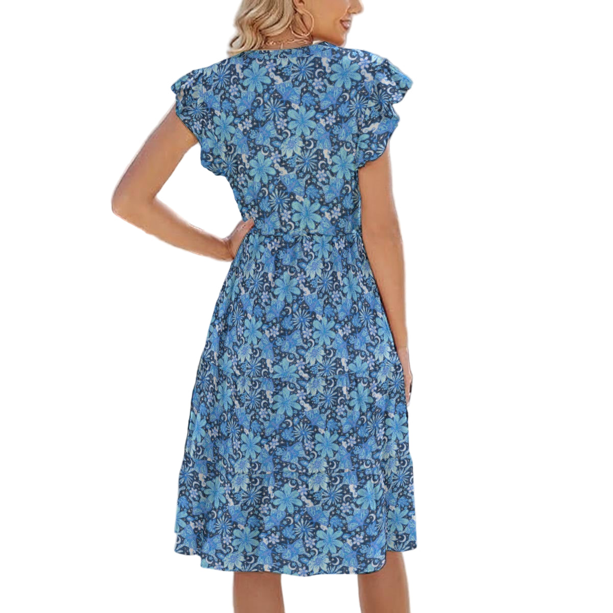 Blue Crystal Moths - Women's Tiered Pocket Midi Dress