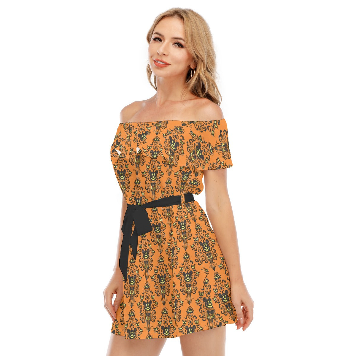 Haunted Halloween Mansion Wallpaper - Women's Off-shoulder Ruffle Dress