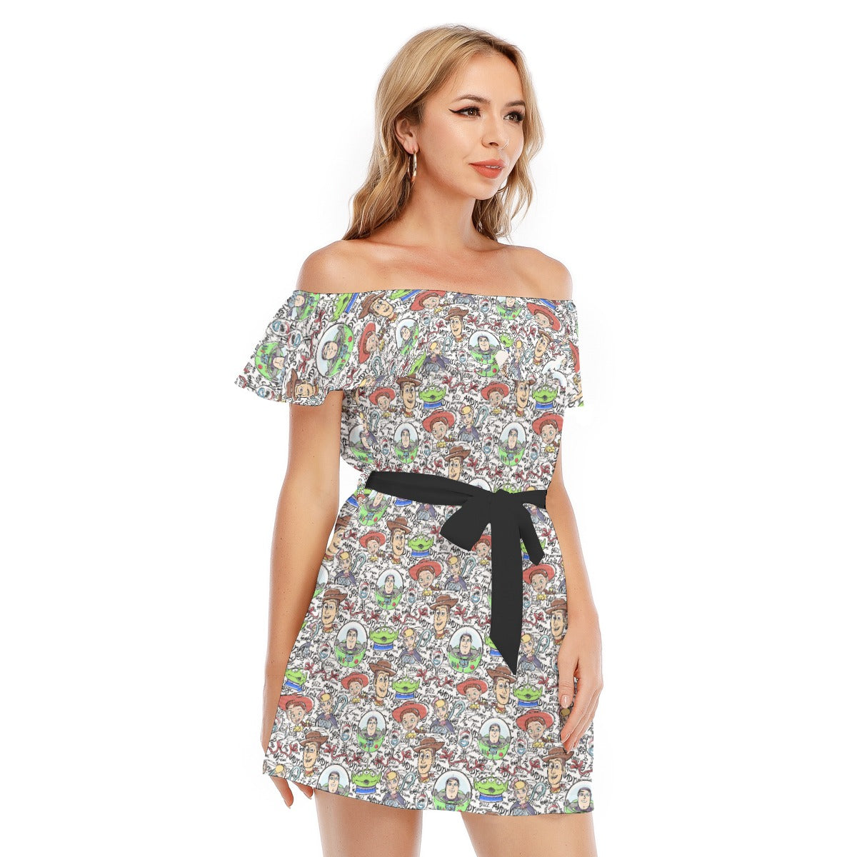 Sketch Autographs of Animated Toy Friends - Women's Off-shoulder Ruffle Dress