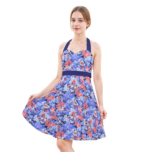 Navy Blooms Cruise - Women's Halter Vintage Pocket Dress