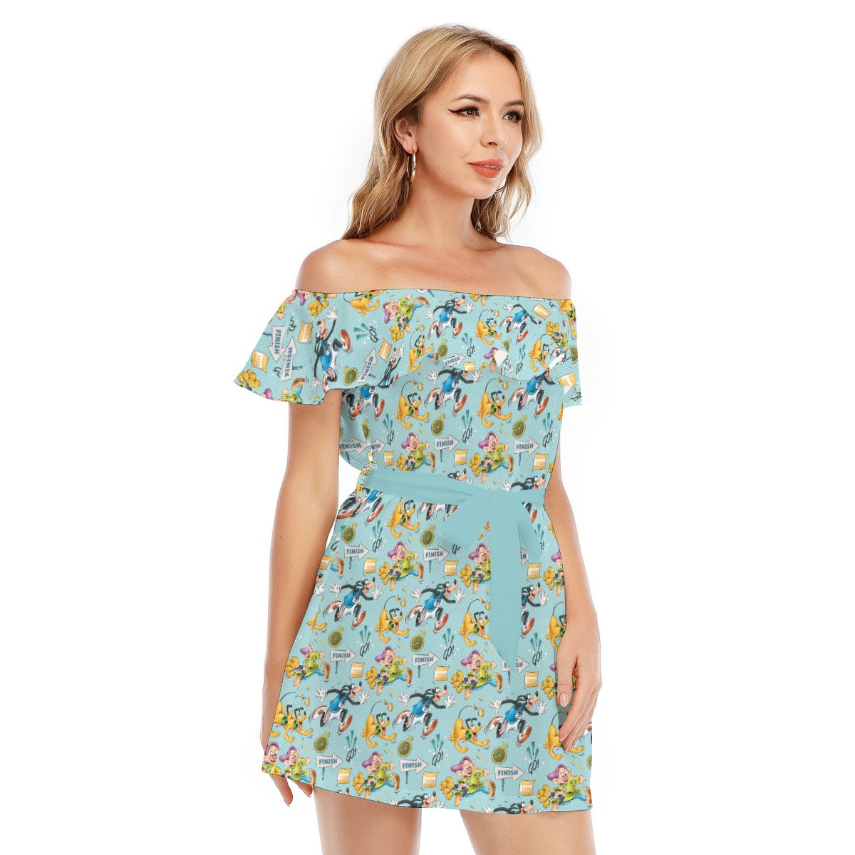 Cheerful Race Day Dashers - Women's Off-shoulder Ruffle Dress