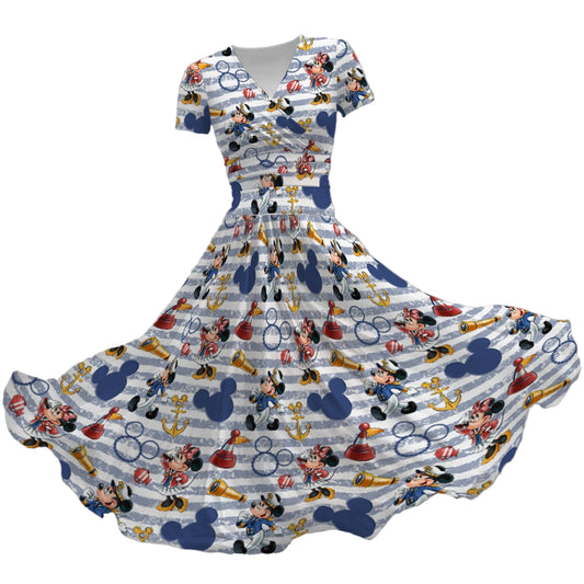 Captain and First Mate at Sea - Women's V-Neck Ruched Midi Dress