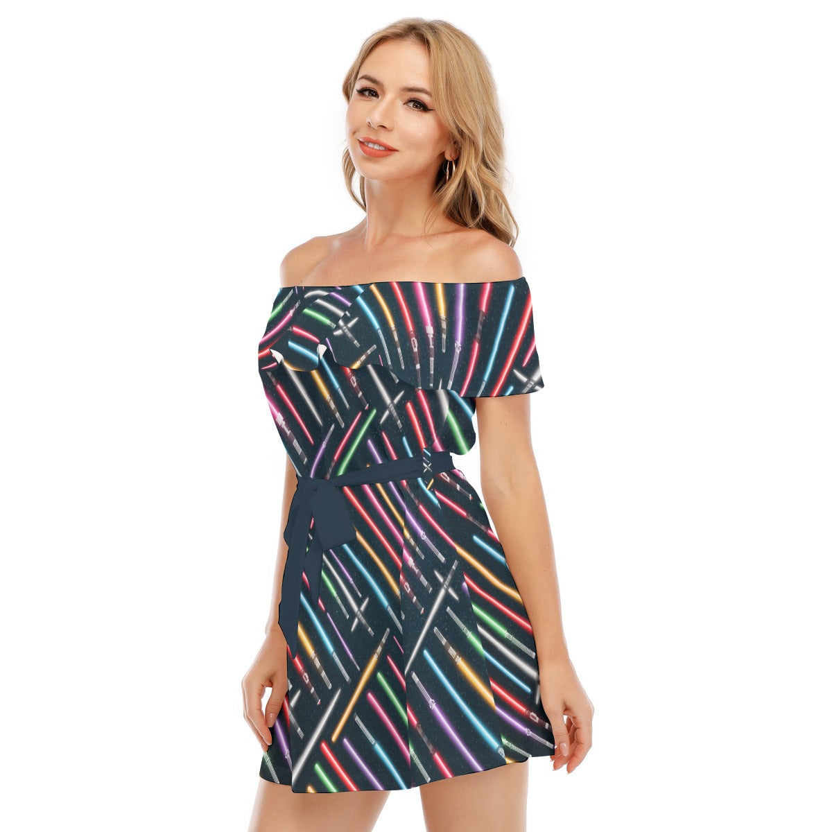 Vibrant Galaxy Sabers - Women's Off-shoulder Ruffle Dress