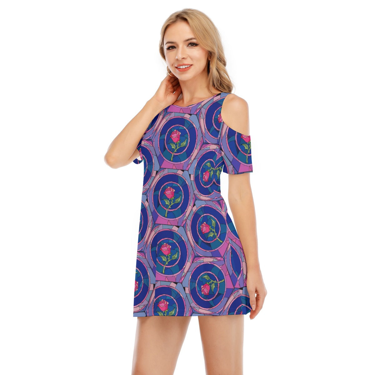 Enchanted Rose Stained Glass - Women's Cold Shoulder Cotton Dress