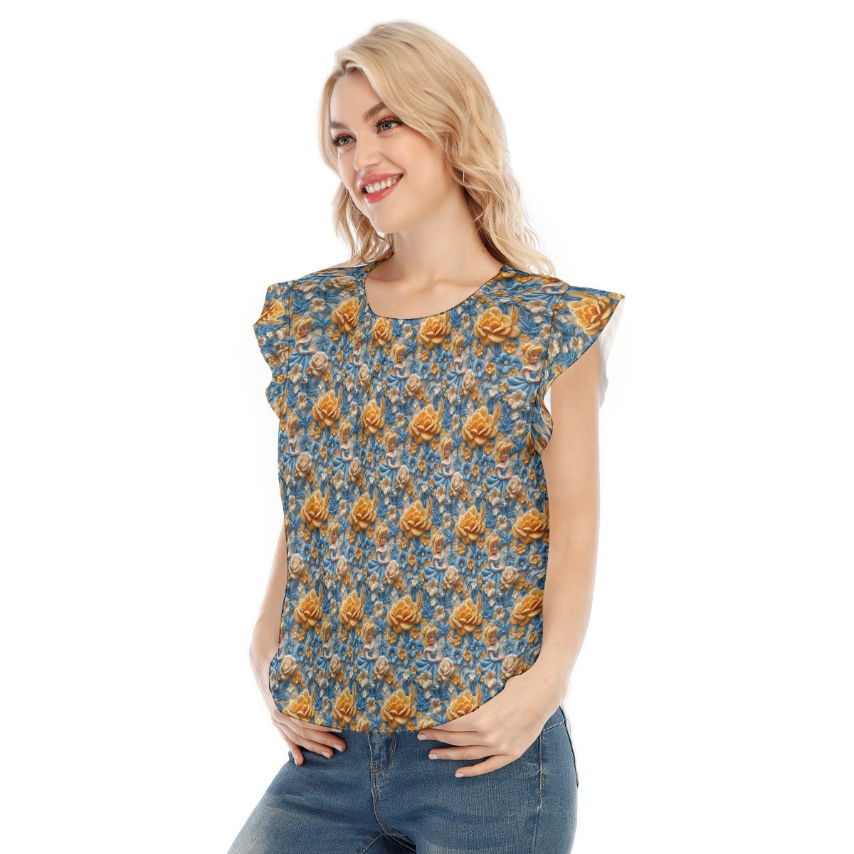 Regal Embroidered Royal Maiden - Women’s Flutter Sleeve Top