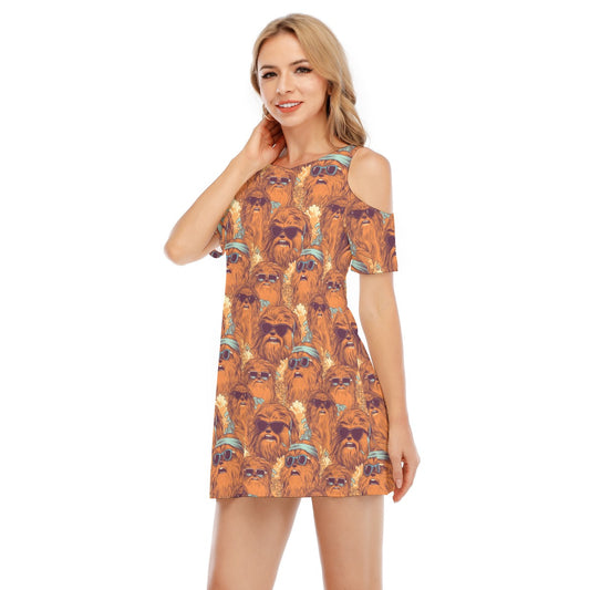 Retro Furry Friend Summer Vibes - Women's Cold Shoulder Cotton Dress