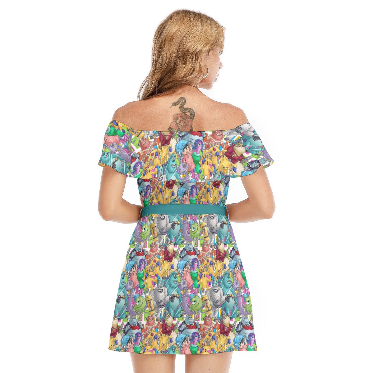 Monster Mayhem Sketched - Women's Off-shoulder Ruffle Dress