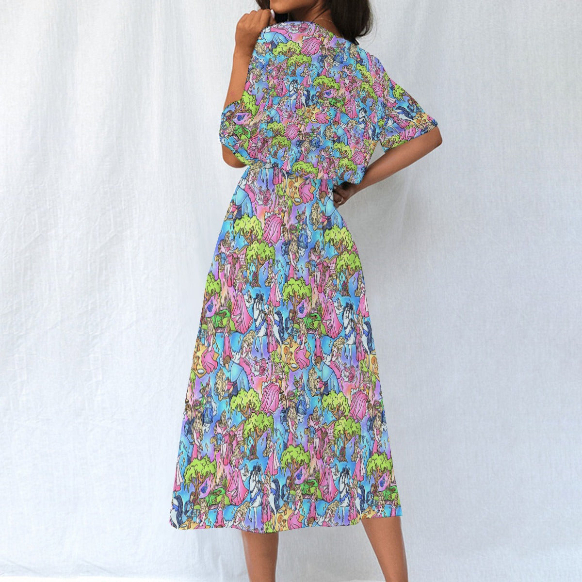 Dreaming Princess Storybook Scenes - Women's Elastic Waist Pocket Midi Dress